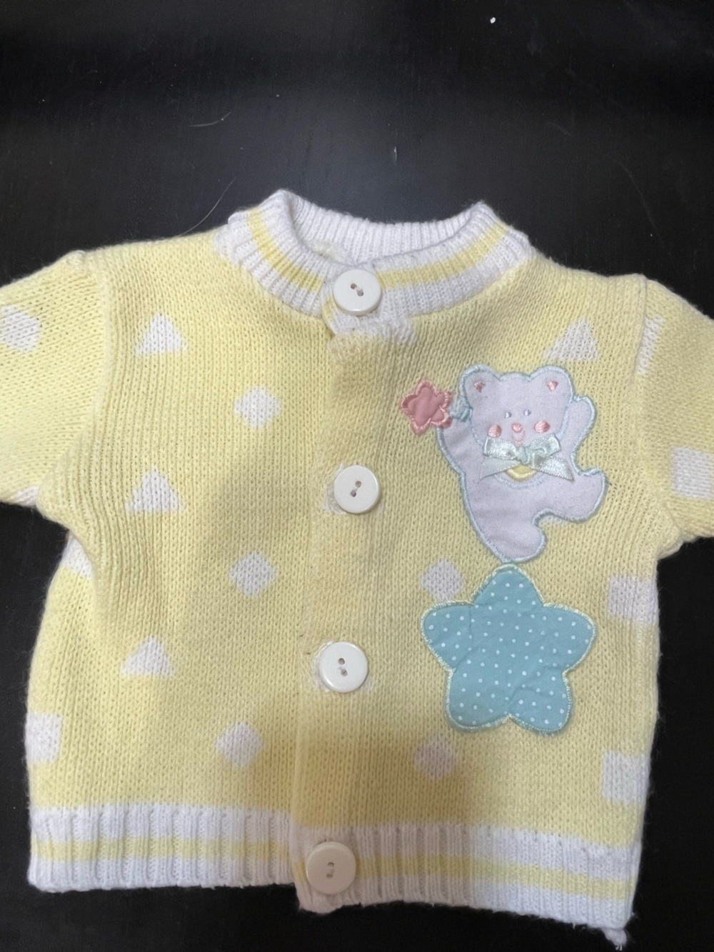 Vintage 1970/1980s Doe-Spun Yellow Baby Cardigan with Bear & Star Appliqués